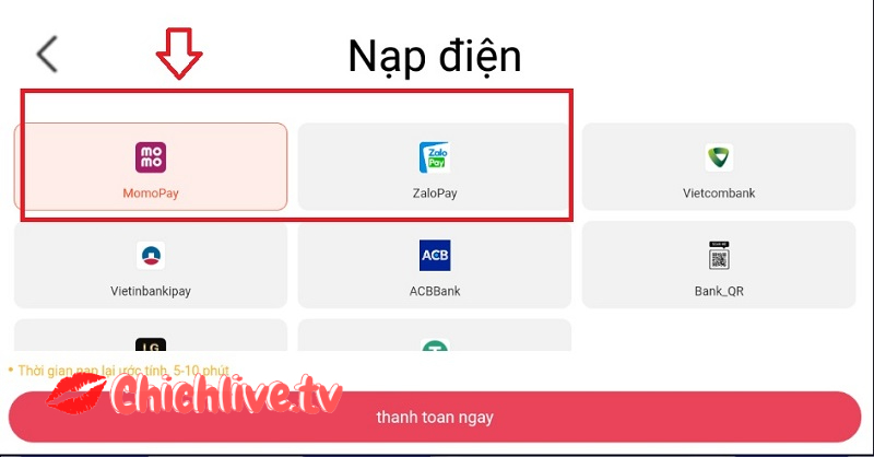 nạp tiền ví điện tử chichlive